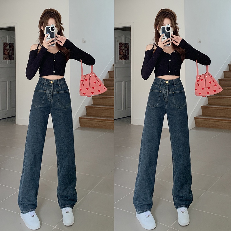 Quần jean dài SUXI lưng cao ống rộng màu trơn thời trang cá tính cho nữ