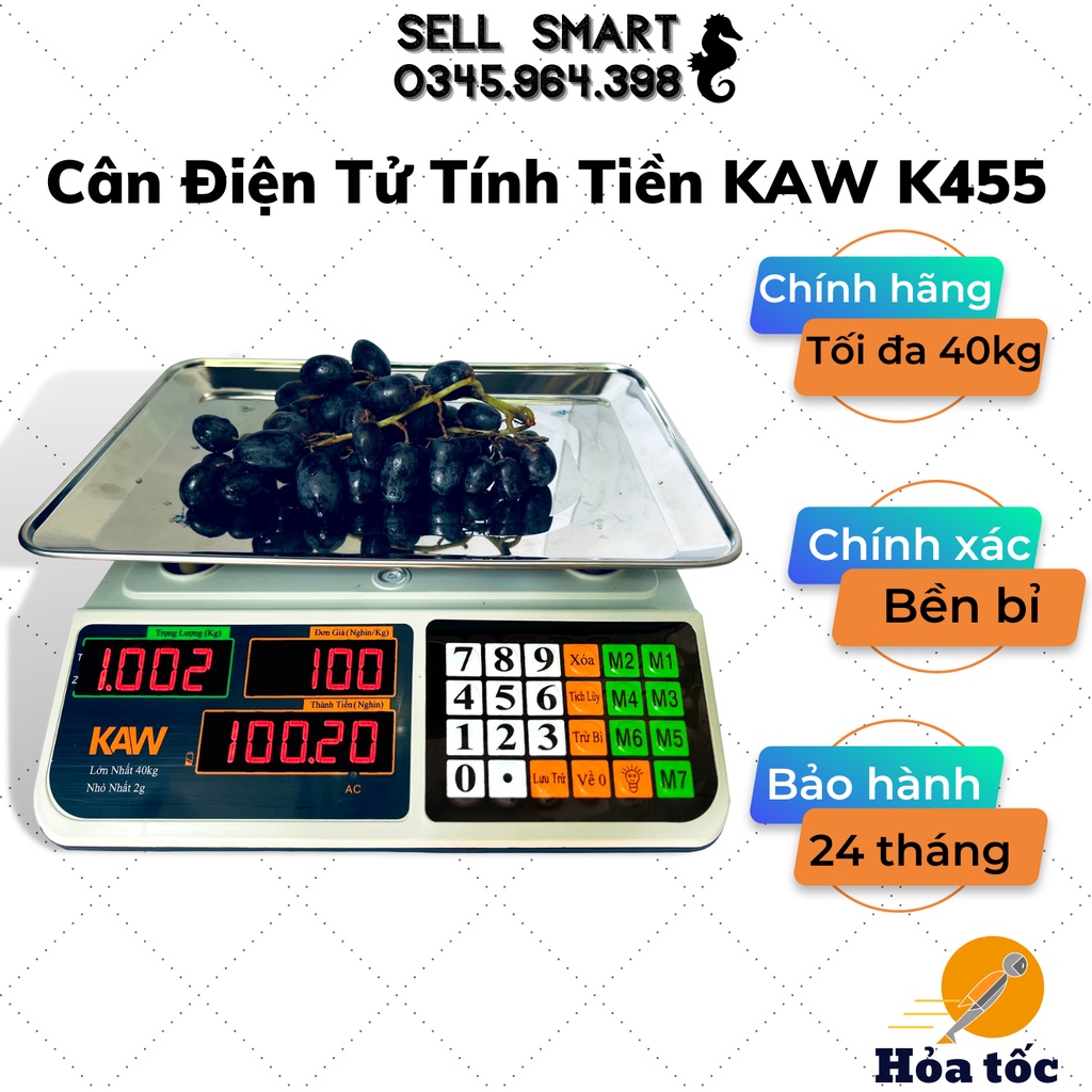 Cân Điện Tử Bán Hàng Tính Tiền KAW K455✔ Cân Siêu Chính Xác Loại 40Kg, Hiển thị 2 Mặt, Phím Bấm Tiếng Việt, Chống Nước.