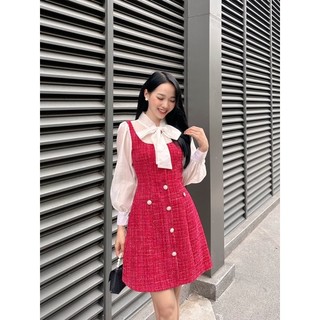 [Ảnh thật + video] Đầm dạ tweed đỏ phối tơ