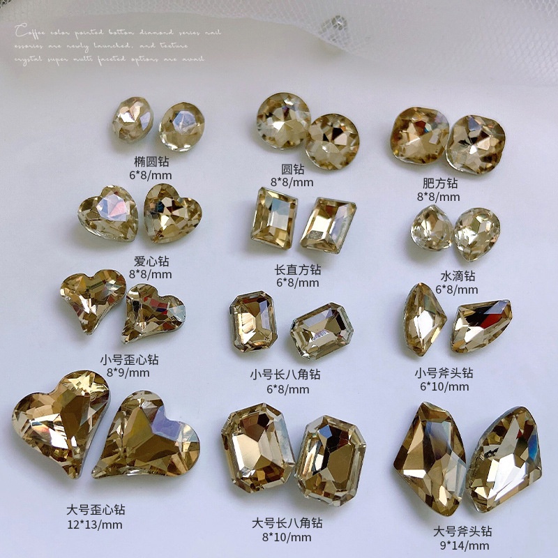 Set 10 viên đá pha lê K9, đá khối pha lê màu vàng nâu, nhiều hình dạng trang trí móng tay nghệ thuật