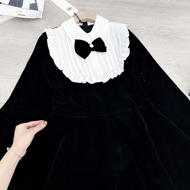 [ 𝐅𝐑𝐄𝐄 𝐒𝐇𝐈𝐏 ] Váy nhung tiểu thư nơ cổ siêu xinh Vải nhung cứng QC cao cấp, đuôi xoè rộng chuẩn mẫu,  khoá lưng dễ mặc