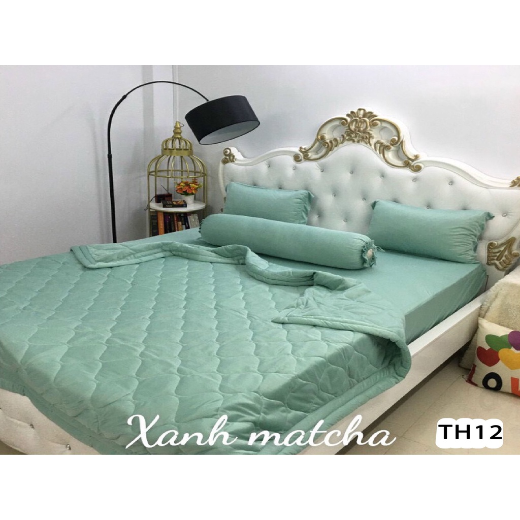 Trọn Bộ Grap Giường Thun Hàn Quốc Màu Xanh Matcha M12 - Chất Không Nhăn
