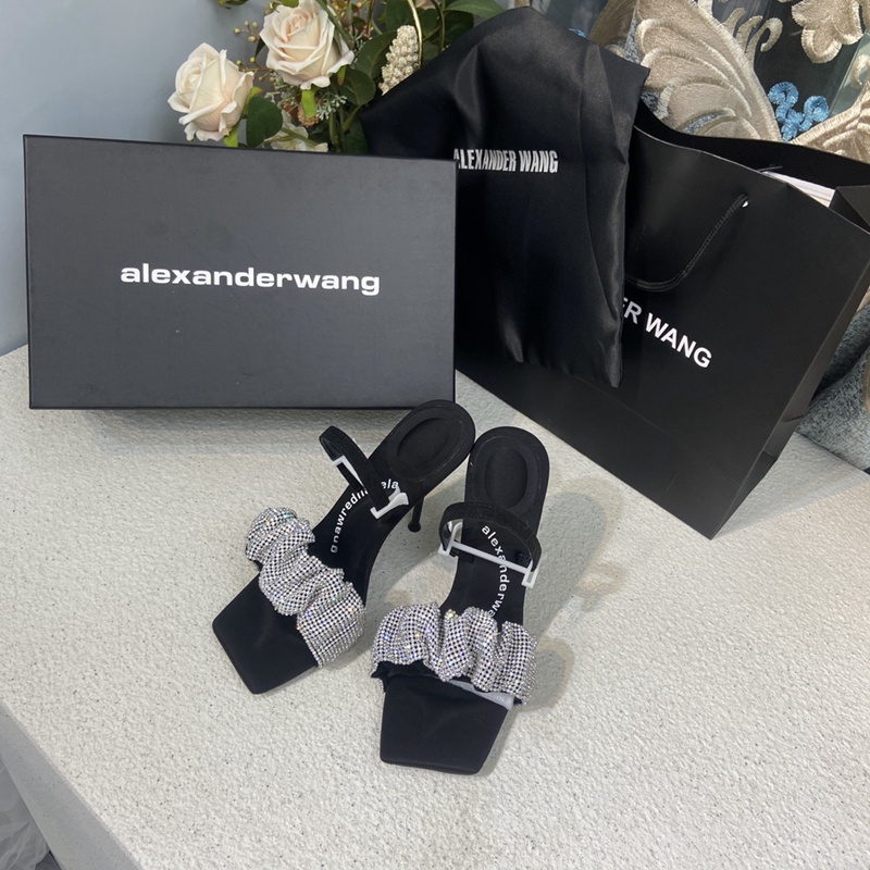 ALEXANDER WANG Dép Cao Gót Vải Lụa satin Đính Kim Cương Màu Bạc Kiểu Dáng Sang Trọng 5 / 7 / 10cm