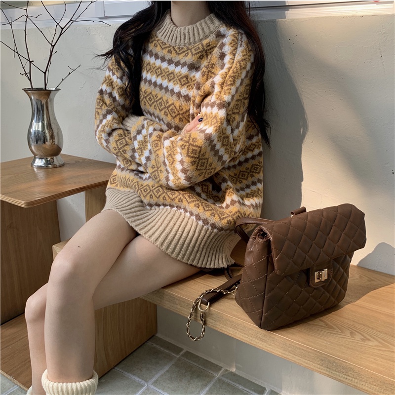 Áo Sweater Dáng Rộng Họa Tiết Kẻ Sọc Phong Cách Vintage Thời Trang Mùa Thu Mới Cho Nữ