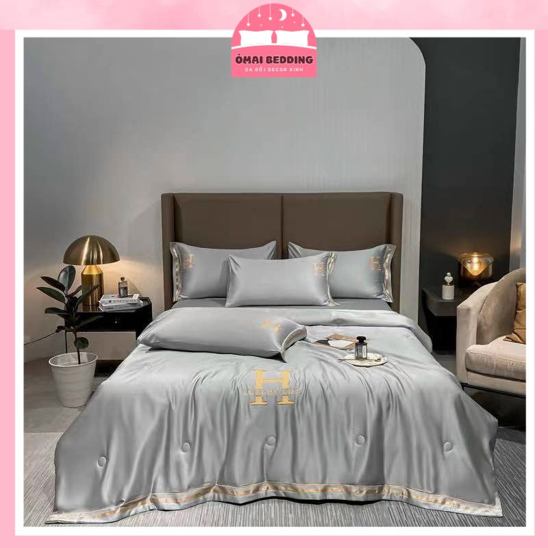 Bộ chăn ga gối lụa Thêu chữ H chăn trần bông set 4 món thanh lịch sang trọng, hàng cao cấp