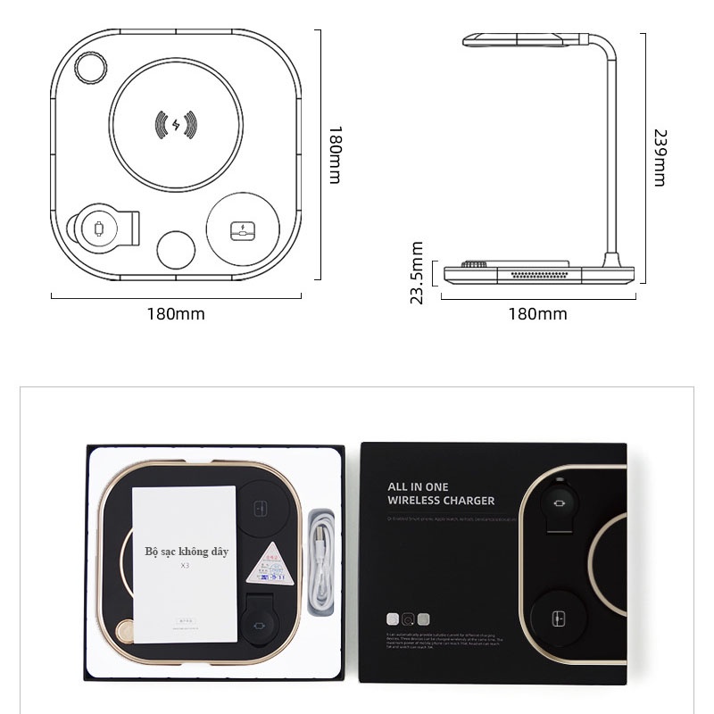 Đèn bàn tích hợp sạc không dây 3 trong 1, đèn học đèn làm việc thông minh sạc điện thoại apple watch airpods