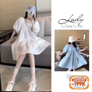 Đầm babydoll nữ dáng dài, váy bầu xòe ulzzang cổ vuông vải gấm xốp  2 lớp màu trắng và xanh