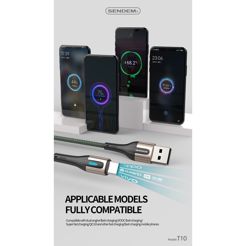 Cáp dữ liệu Sendem T10 6A bọc dù có đèn thở Chân Micro TypeC Trái Táo