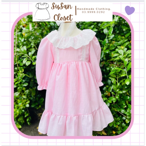 Váy/ đầm bé gái cotton 100% phối cổ ren xinh xắn đầm 2 lớp kĩ càng phù hợp đi học đi chơi