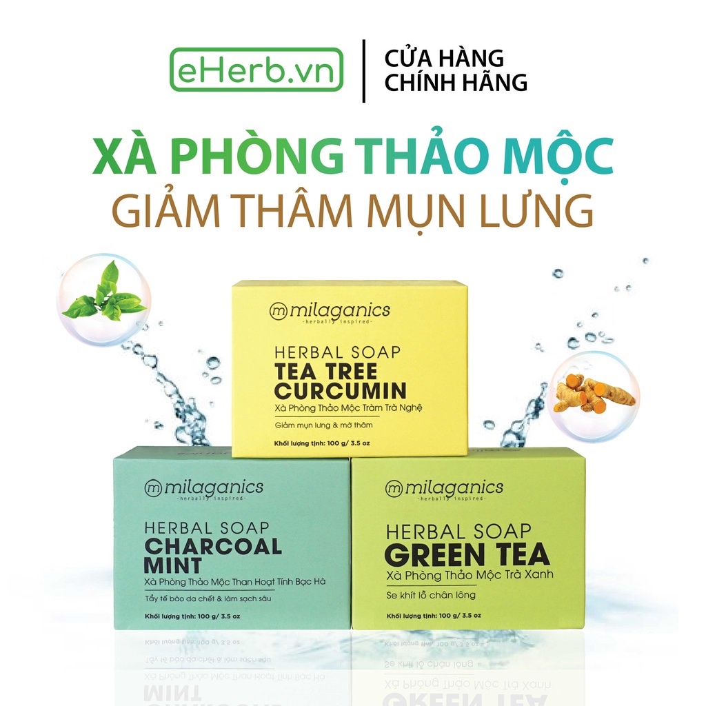 Xà phòng giảm mụn lưng, trắng da, mờ thâm và se khít lỗ chân lông (tràm nghệ, than tre, trà xanh) MILAGANICS 100gr (hộp)