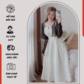 Sét Bộ Đầm Gấm 2 Dây Dáng Xòe Mix Áo Khoác Ren lưới Sang Trọng - 1305