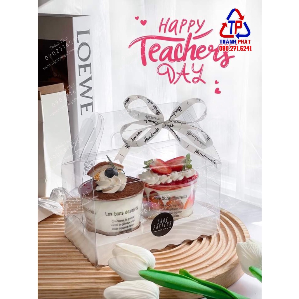 10 Hộp mica quai xách 2 cupcake - hộp quai xách đựng 2 ly bánh lạnh