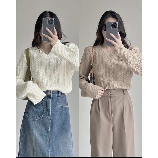 [NEW]ÁO LEN THỪNG CROPTOP CỔ V CÓ ĐỆM VAI 7611