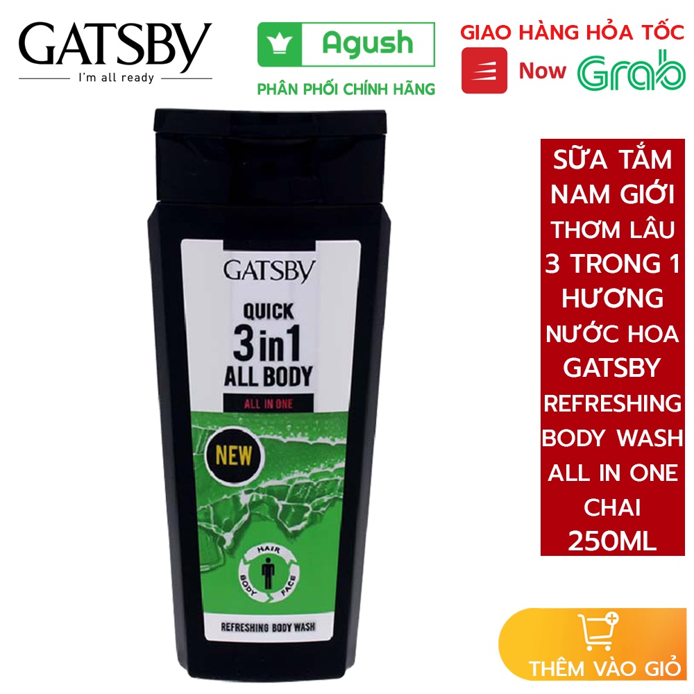 Sữa tắm cho nam giới thơm lâu 3 trong 1 Gatsby Refreshing Body Wash All In One chai 250ml lưu hương nước hoa lâu giá rẻ