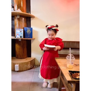 Set áo dài ngọc nơ lệch vai kèm bờm hoa cho bé gái