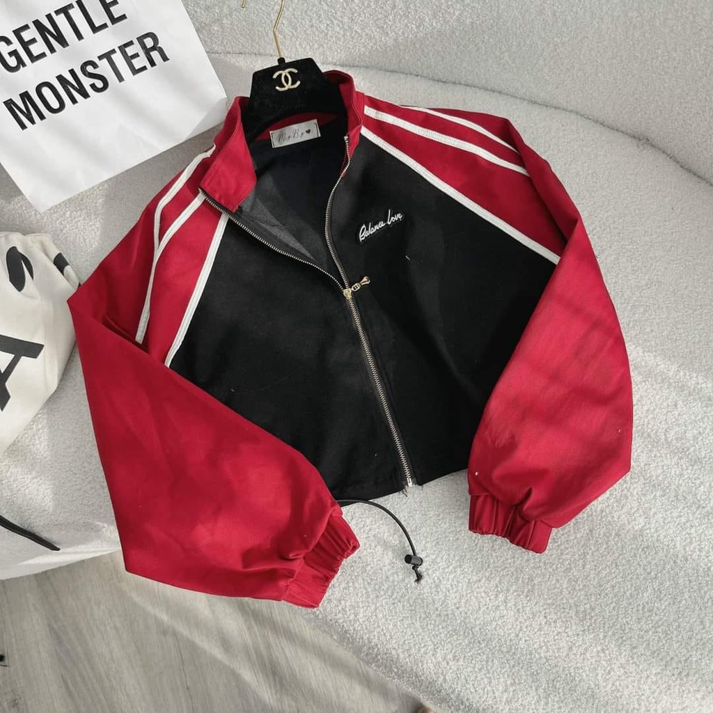 Áo khoác bomber croptop đen phối đỏ NÀNG CLOSET