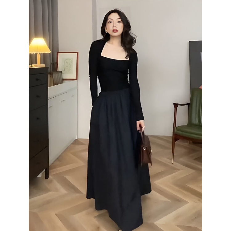 Đầm Màu Đen Ôm Eo Phong Cách Pháp Thời Trang Mùa Thu Cho Nữ