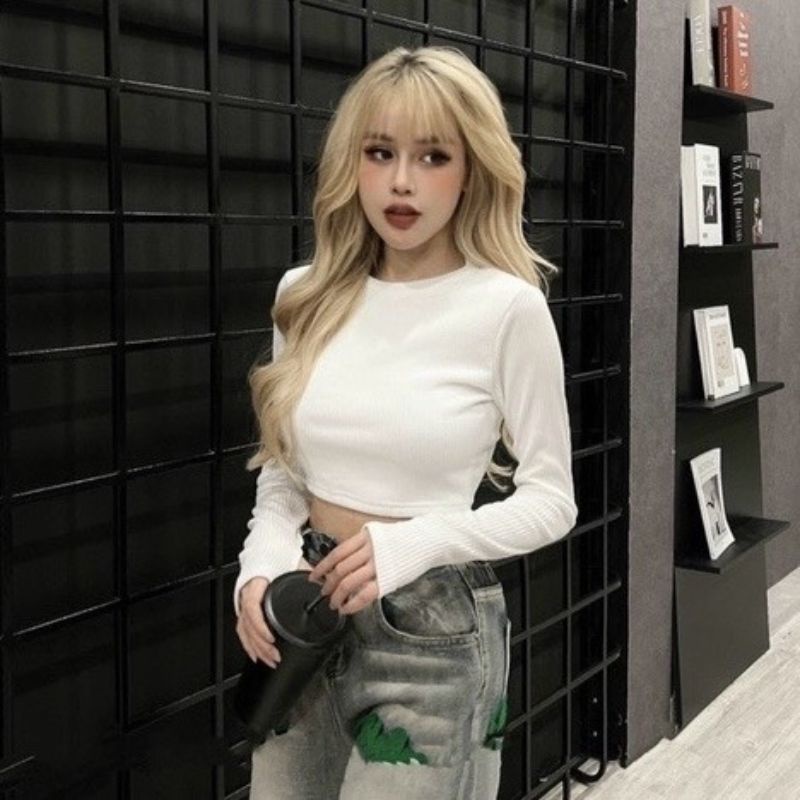 Áo Thun Gân CỔ TRÒN TAY DÀI XỎ NGÓN dáng croptop Thời Trang Hàn Quốc.