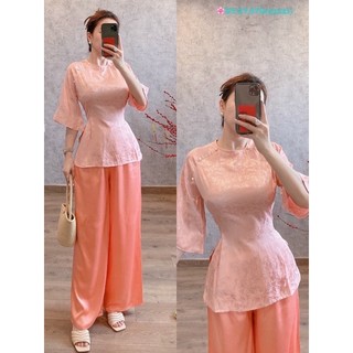 Đồ Lam Đi Chùa Bà Ba Chất gấm cổ tròn nút ngọc