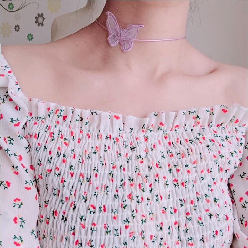 Vòng cổ dây chuyền choker nữ vải ren mặt hồ điệp nhiều màu phong cách hàn quốc cá tính