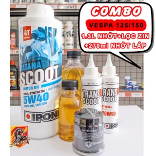 Combo 1l3 nhớt ipone katana scoot 5w40 + 270ml nhớt láp ipone trans scoot 80w90 + lọc nhớt cho xe vespa, gts 125/150