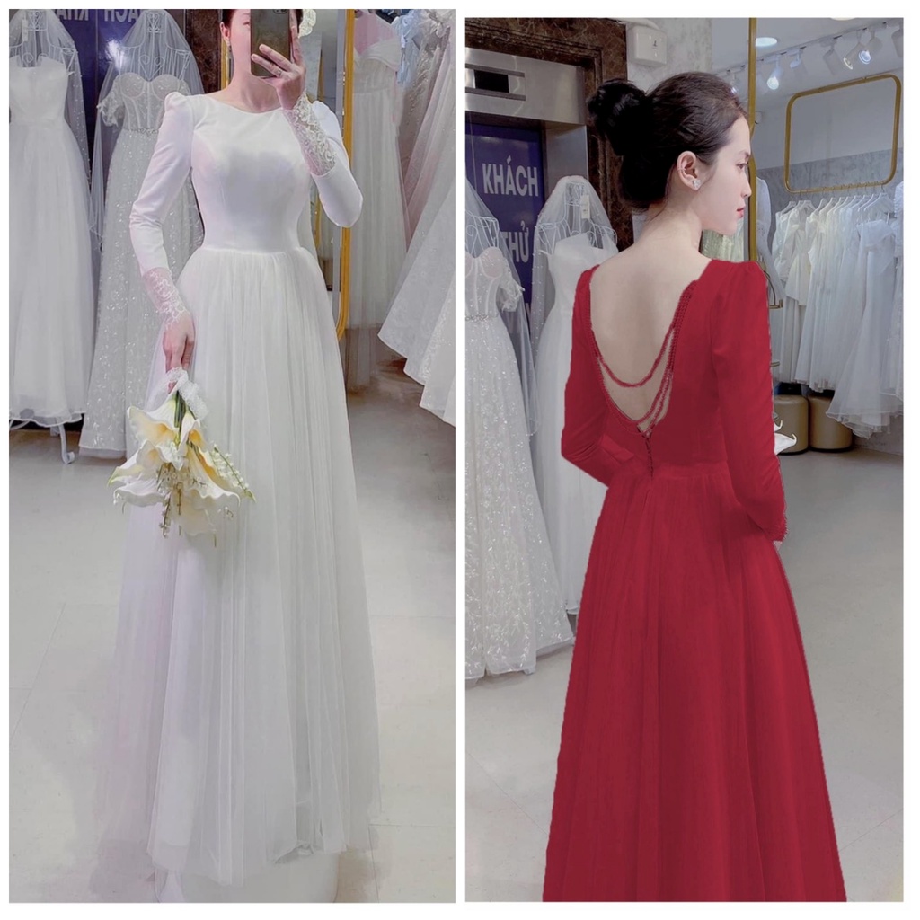 Đầm váy dạ hội, cô dâu đi bàn cổ thuyền khoét lưng phối chuỗi ngọc