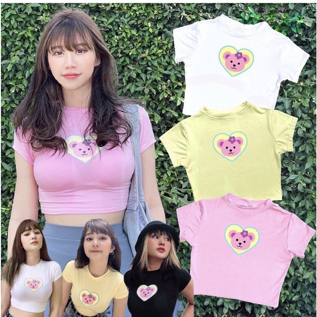 ÁO THUN CROPTOP (BABY TEES) IN TRÁI TIM GẤU 2 MÀU DỄ THƯƠNG CÓ FREESIZE