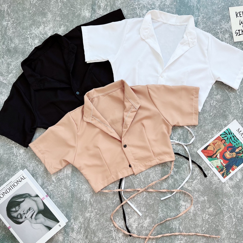 Áo croptop sơ mi tay ngắn cổ vest dây đan eo tay ngắn màu xinh xắn 494 FIORI STORE