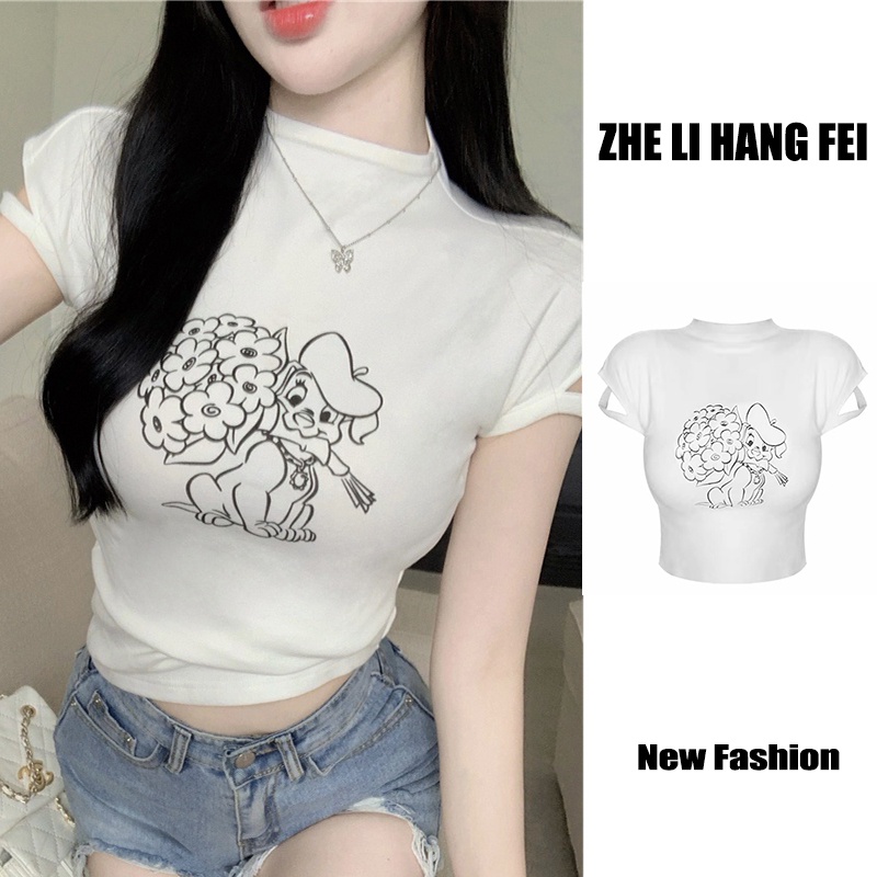 Áo thun ZHELIHANGFEI dệt kim cổ cao tay ngắn cắt xẻ in họa tiết quyến rũ thời trang