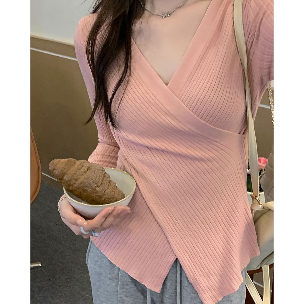 COZOK Áo Thun Dệt Kim Tay Dài Cổ Chữ V Vạt Chéo Thời Trang Dành Cho Nữ