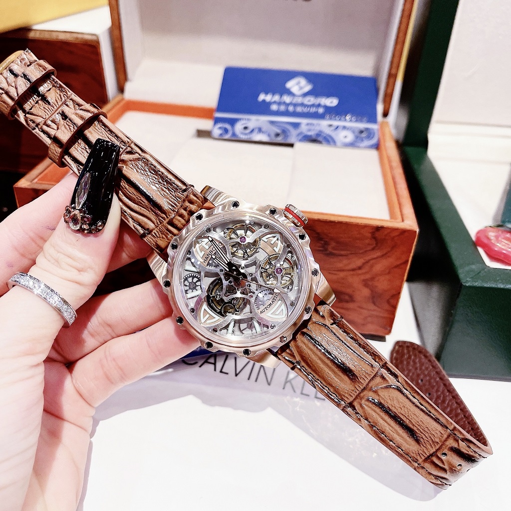 Đồng Hồ Nam Hanboro Automatic  Dây Da Nâu Gân Rose Gold 44mm