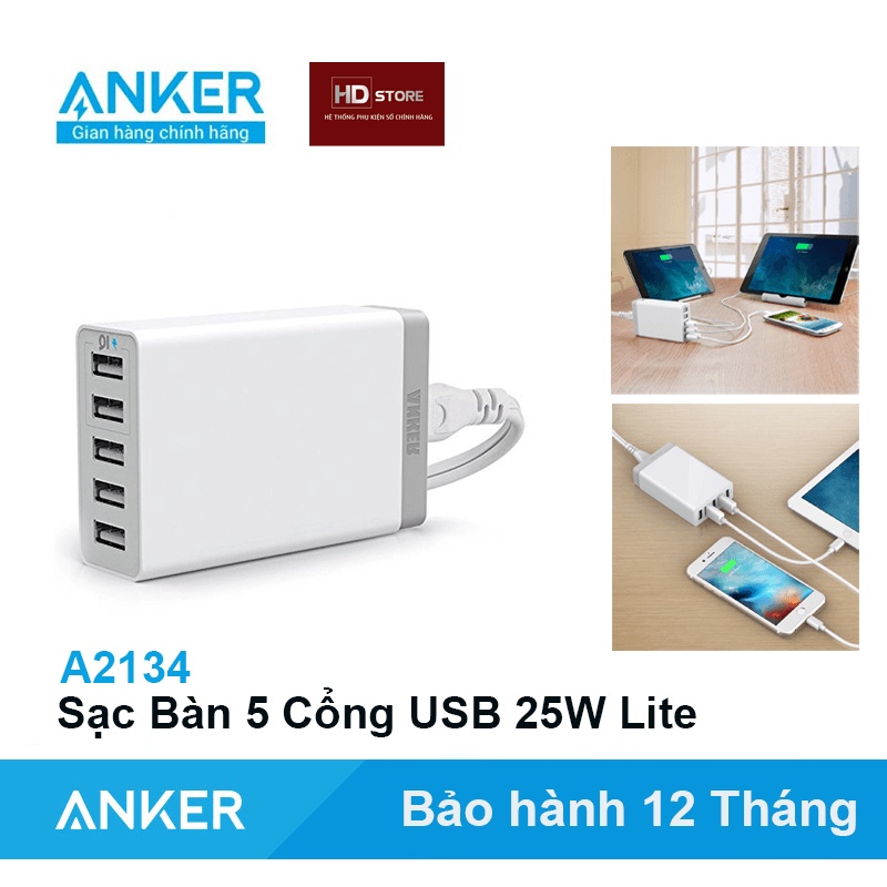 Sạc nhiều cổng Anker PowerPort 5 Cổng USB 25W Công nghệ IQ - A2134 Sạc để Bàn