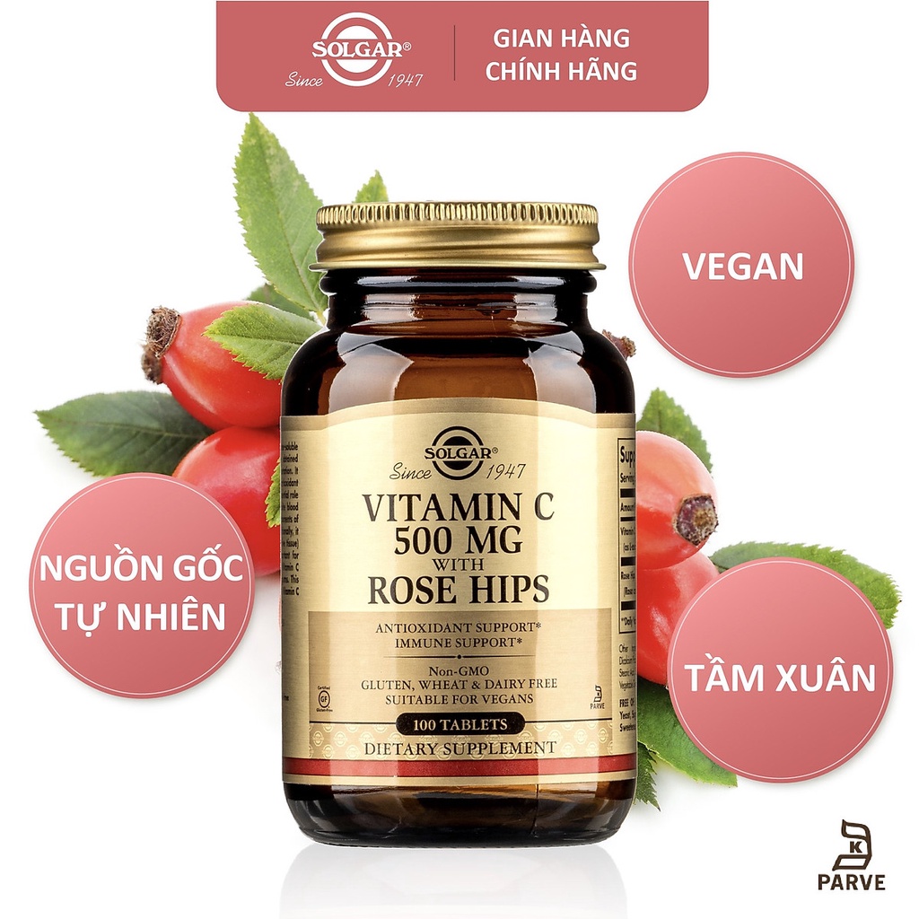 Viên Uống Solgar Vitamin C 500 MG With Rose Hips - Chiết Xuất Cây Tầm Xuân Giúp Đẹp Da, Tăng Cường Đề Kháng 100 Viên