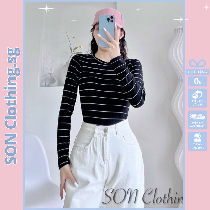 Áo Thun Sọc Ngang Cổ Tròn Tay Dài Form Vừa Chất Cotton 100%, Co Giãn 4 Chiều Siêu Thoải Mái