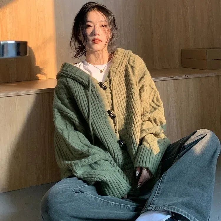 Áo Khoác Cardigan Dệt Kim Dáng Rộng Có Mũ Trùm Thời Trang Thu Đông Cho Nữ