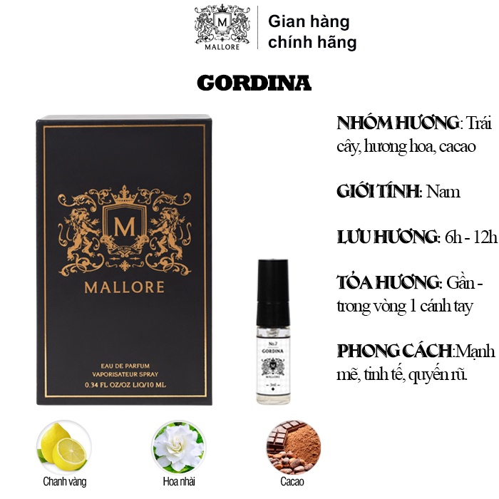 Nước hoa nam Mallore Gordina cá tính, sang trọng. Nước hoa mini gợi cảm 3ml dạng xịt tiện lợi