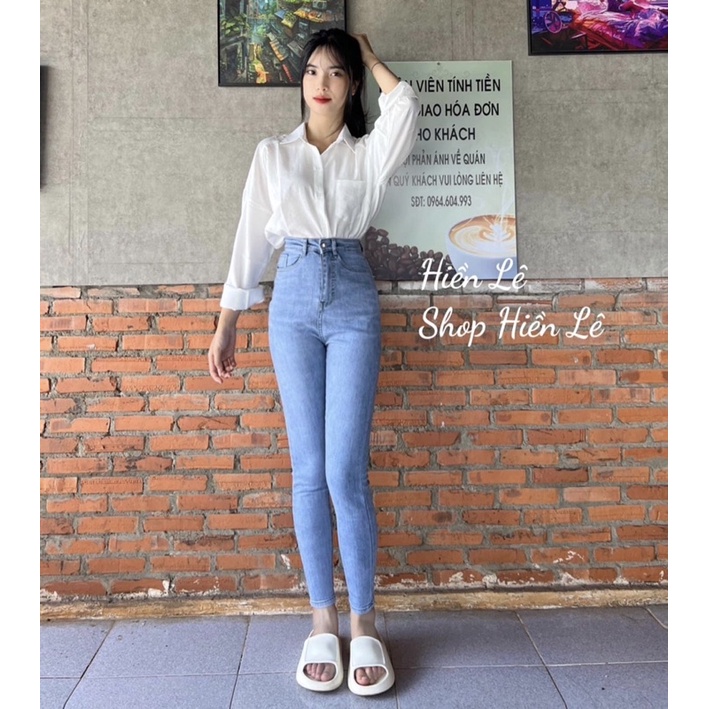 Set Jeans dài co giãn trơn xanh + sơ mi tay dài