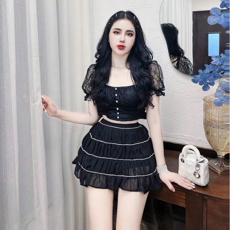 set váy phối ren tiểu thư có lót quần ( hình thật )