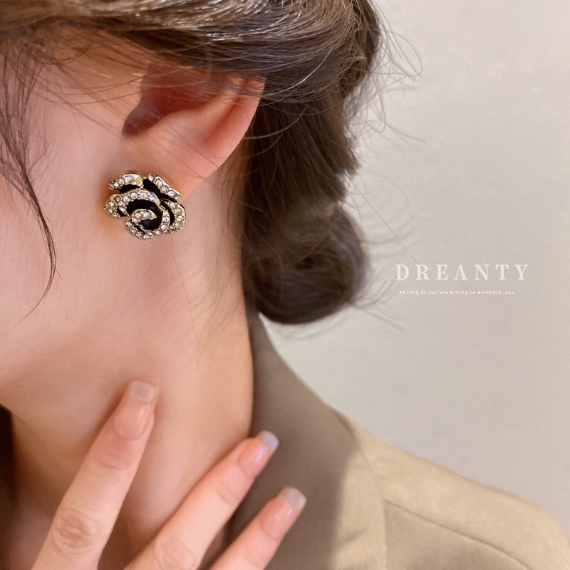 Bông Tai Mạ Bạc / Đen Hình Hoa Trà Đính Kim Cương Giả Kiểu Pháp Đơn Giản Thanh Lịch