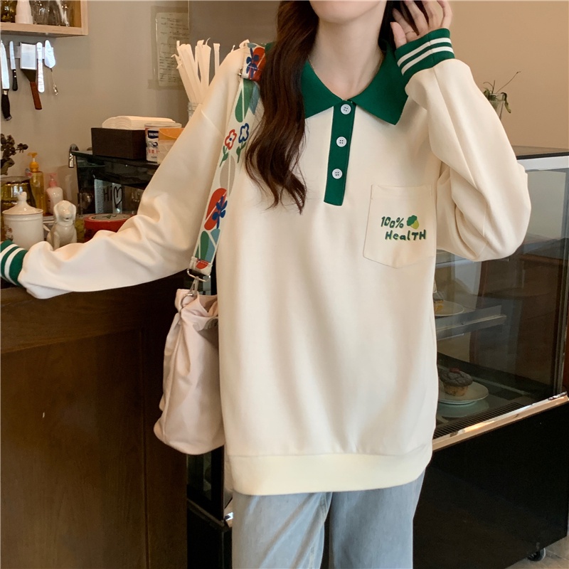 Áo sweater SUXI thể thao polo dáng rộng phối túi đơn giản thời trang xuân thu cho nữ