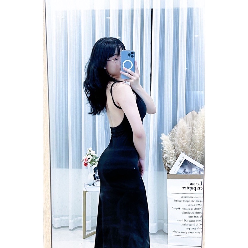 Đầm 2 dây body hở lưng có mút vải thun lạnh dáng dài qua gối