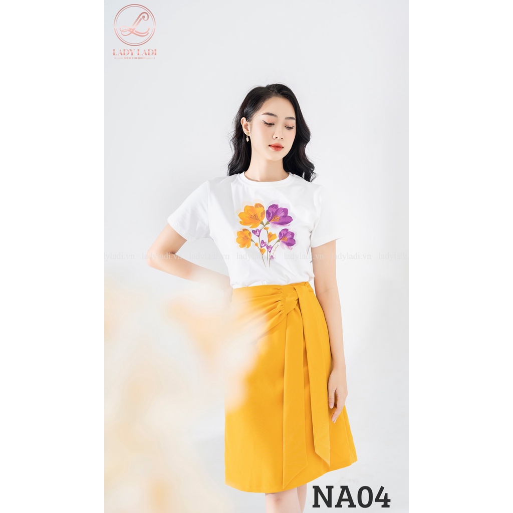 Áo phông áo thun cotton 100%, mềm mát, co giãn nhẹ phối chân váy midi vạt chéo màu vàng thanh lịch NA04, NCV04