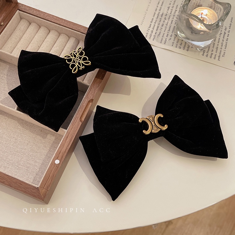 Kẹp Tóc Đính Nơ Ruy Băng Đen Cỡ Lớn Bằng Vải Nhung Phong Cách Cổ Điển Thời Trang Cho Nữ