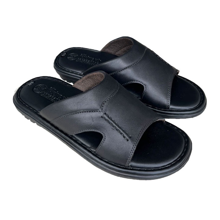 Dép da nam quai ngang da bò mau đen Trường Hải đế cao 3cm DNĐ125