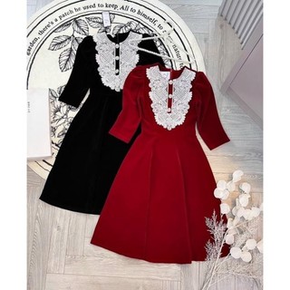 Váy nhung xòe phối ren khuy ngực sang chảnh