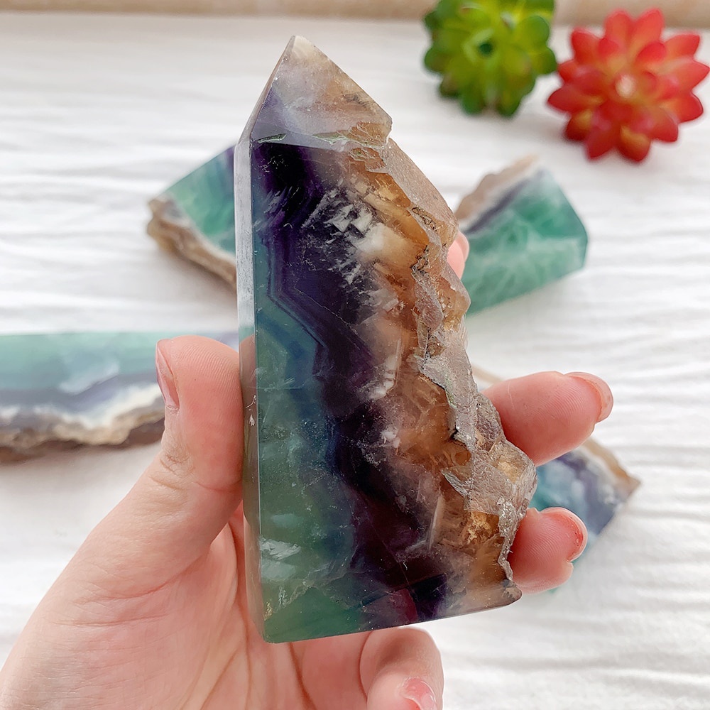 1 Đá Fluorite Tự Nhiên Hình Tháp Màu Cầu Vồng Dùng Trang Trí