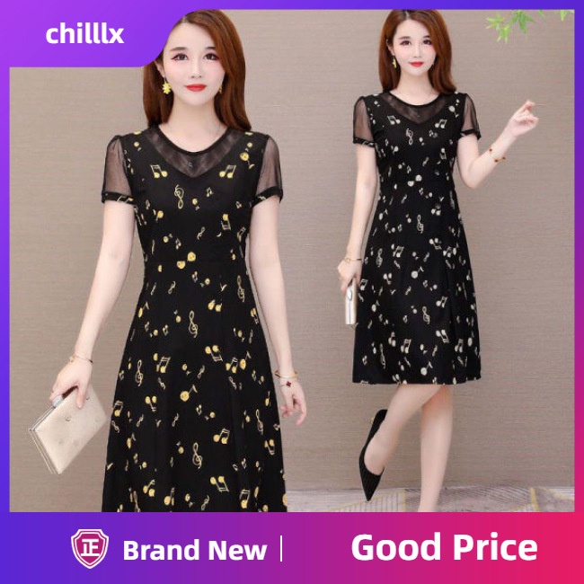Đầm Dáng Chữ A Tay Ngắn Cổ Tròn In Họa Tiết Nốt Nhạc Thời Trang Mùa Hè Xinh Xắn Cho Nữ