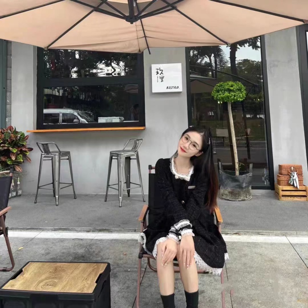 Xiaoxiang Đầm Ngắn Mùa Thu Hai Hàng Nút Cài Tay Dài Phối Màu Tương Phản Phong Cách Mới Cho Nữ