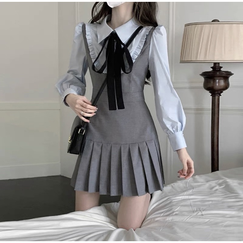 Váy Xoè Dáng Lửng Phối Sơ Mi Giả Siêu Xinh Phong Cách Hàn Quốc Kèm Ảnh Thật _ Hàng QCCC