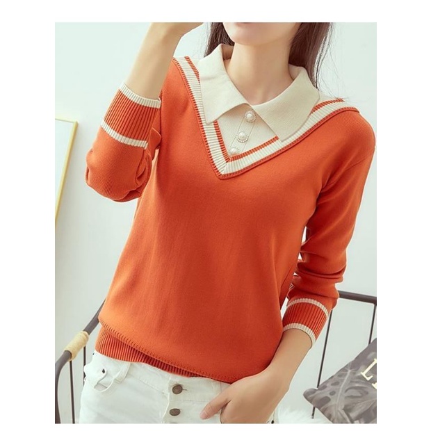 Áo Sweater Dệt Kim Tay Dài Dáng Rộng Cổ Búp Bê Giả Hai Lớp Thời Trang Thu Đông Cho Nữ